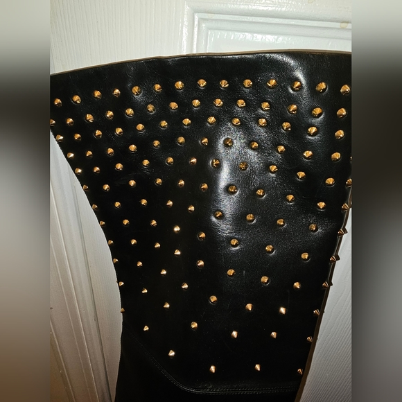 New Monica Chiang Thigh High Black Leather Gold Studs Covered Wedge Boots 40 - Picture 4 of 16